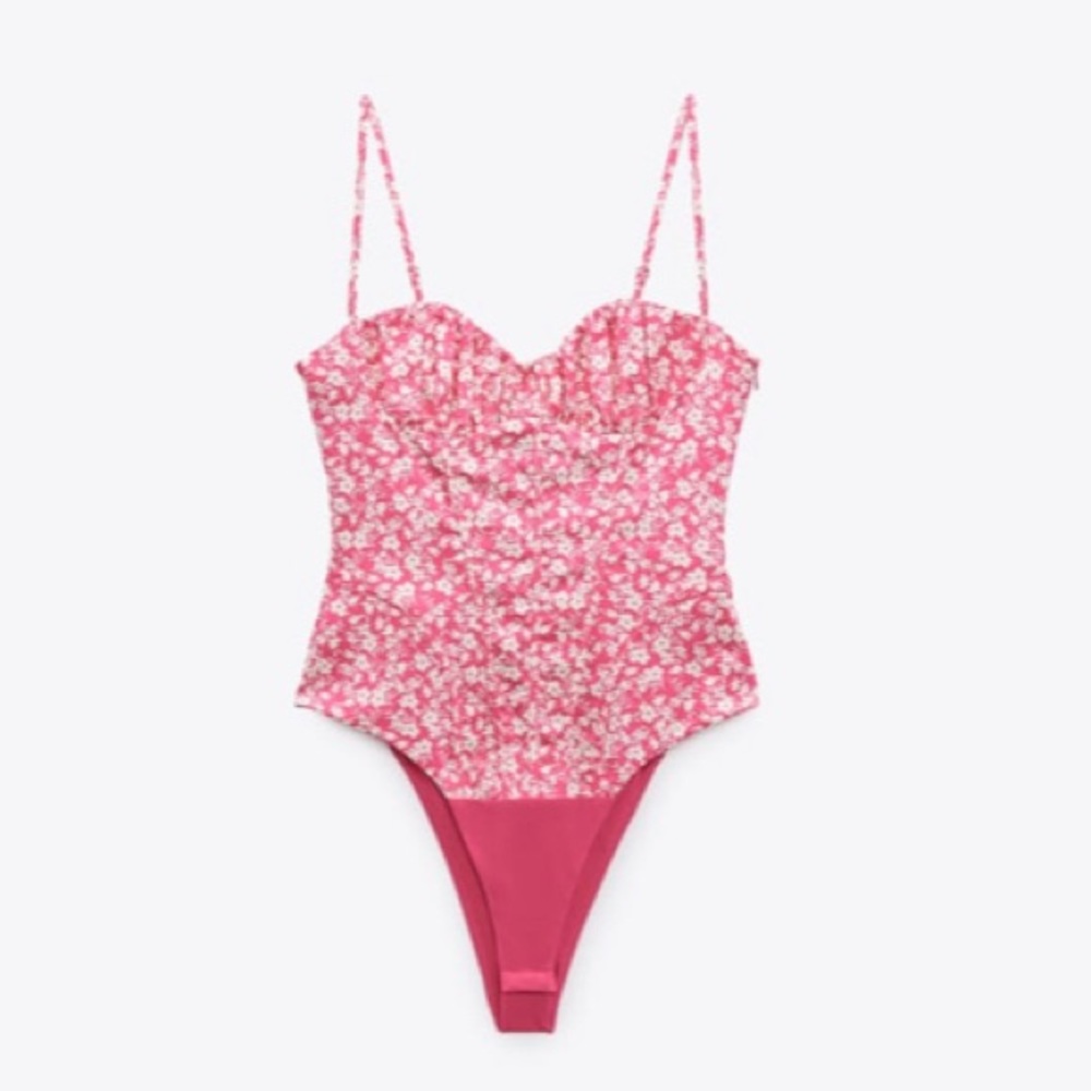 NWT ZARA CORSET BODYSUIT PINK/WHITE SIZE XS NWT